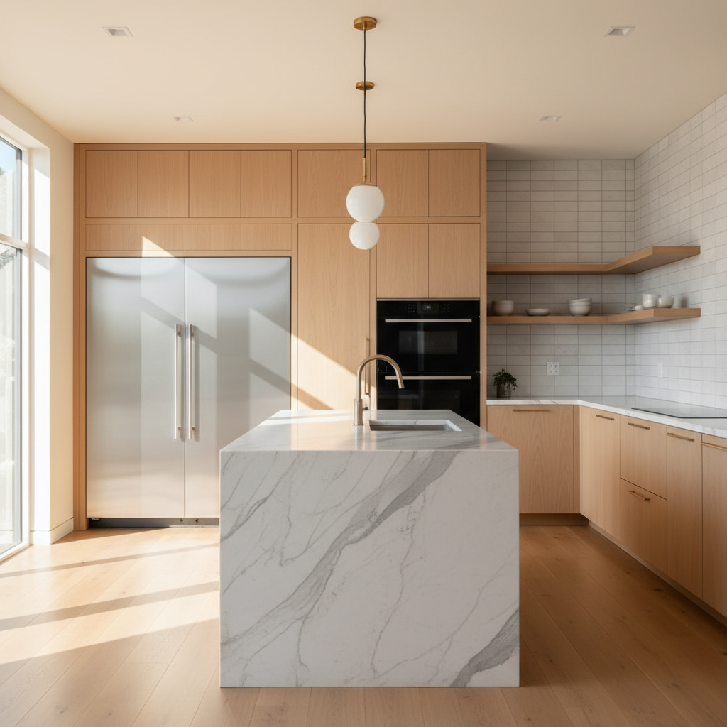 Bright upscale kitchen with integrated refrigerator and wall oven