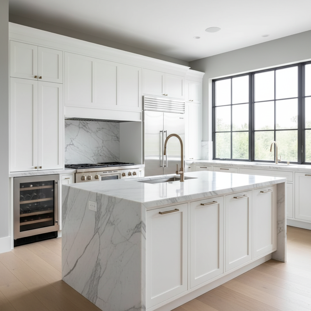 Luxury modern kitchen with built-in refrigerator and professional range